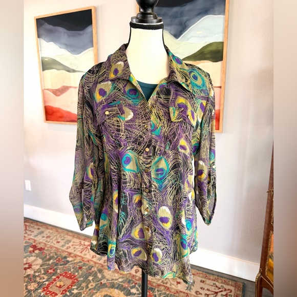 Sarah Michelle Colorful Peacock Feather Blouse - Picture 2 of 13